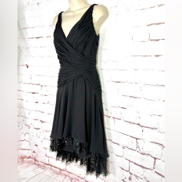 TADASHI S Petite Black Chiffon Pin Tucked Hi Lo Ruched  Cocktail Party Dress - Picture 15 of 15